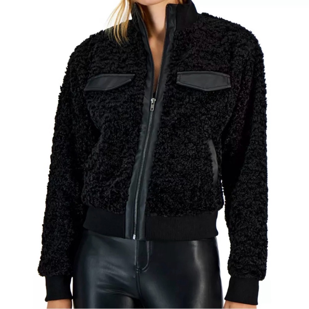 Women’s Black Sherpa Fleece Zip Jacket Size Large Cozy Teddy Faux Fur Coat